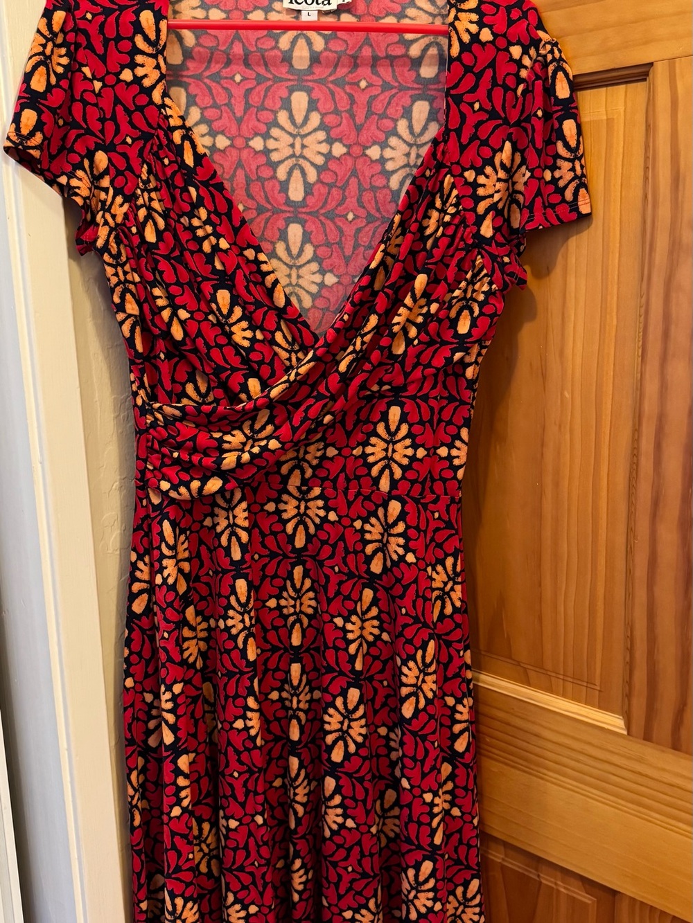 Leota Red Midi Dress with Gold Floral Motif
